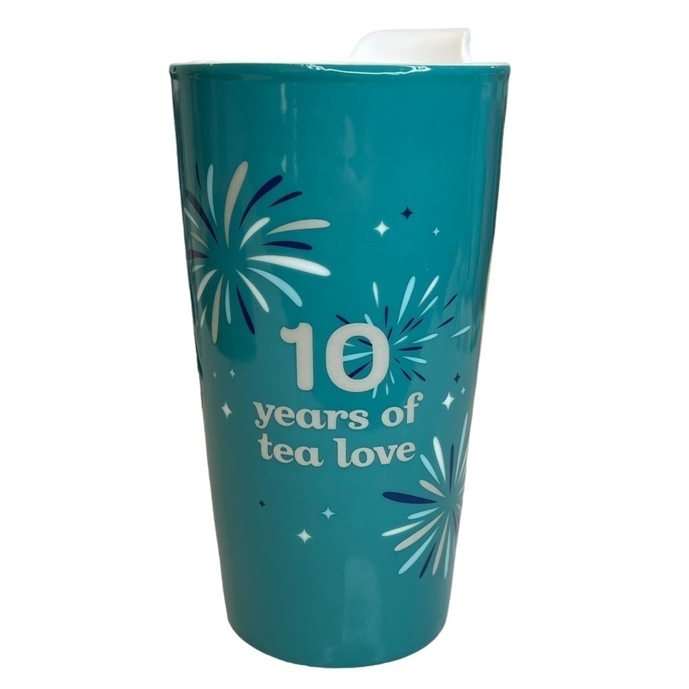 DAVID’S Tea Ceramic Travel Mug 10 Years of Tea Love Drinkware Fireworks Teal